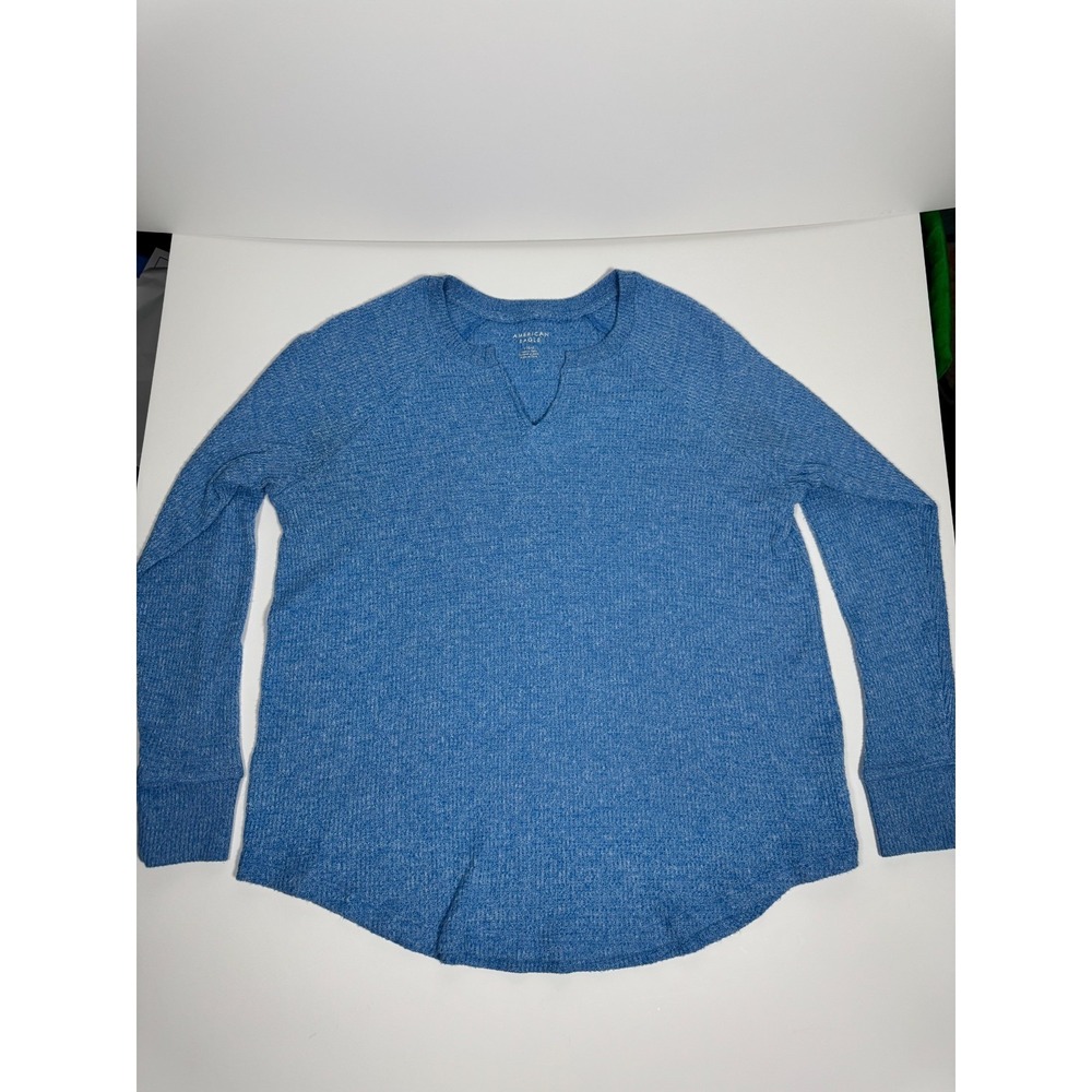 American Eagle Outfitters Top Womens L Blue Notch Neck Raglan Sleeve Waffle Knit